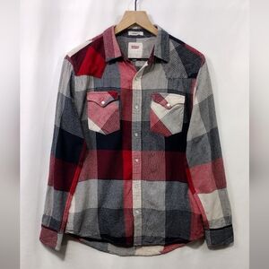 Levis Western Colorblock Plaid Flannel Snap Button Shirt Mens S Blue Red Casual